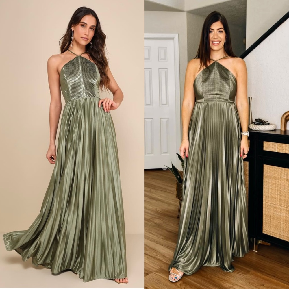LULUS Olive Satin Pleated‎ Sleeveless Halter Neck Wedding Guest Formal Gown XS